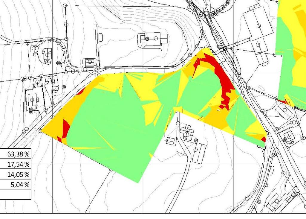 Fig. 4. Helningskartet over tomt 1 (grønt betyr under 5% helning, gul mellom 5 til 10%, oransje mellom 10 til 20% og rød utover det).