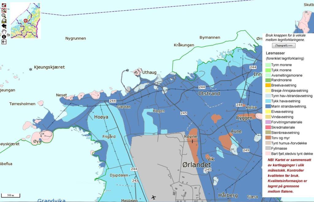 KONSEKVENSUTREDNING NATURMILJØ 13 (24) Figur 3. Kartet viser at det er marine strandavsetninger som dominerer i tiltaksområdet. 4.