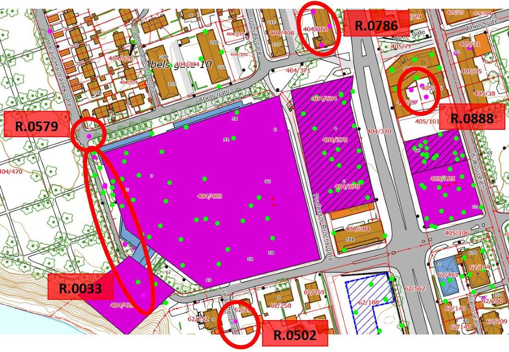 TRONDHEIM TEKNOBYEN GEOTEKNISKE FORHOLD 3 Figur 3: Trondheim kommune grunnundersøkelser kart (kommune geotekniske borehull vist i lilla, privat borehull vist i grønn) Datarapporten og boringer langs