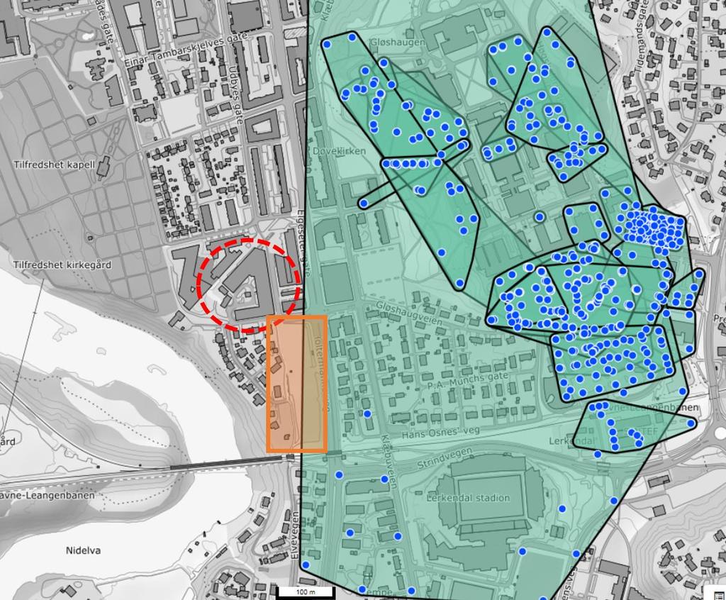 4 TRONDHEIM TEKNOBYEN GEOTEKNISKE FORHOLD Figur 4: NADAG grunnundersøkelser kart (geotekniske borehull registret i NADAG vist med blå sirkler).