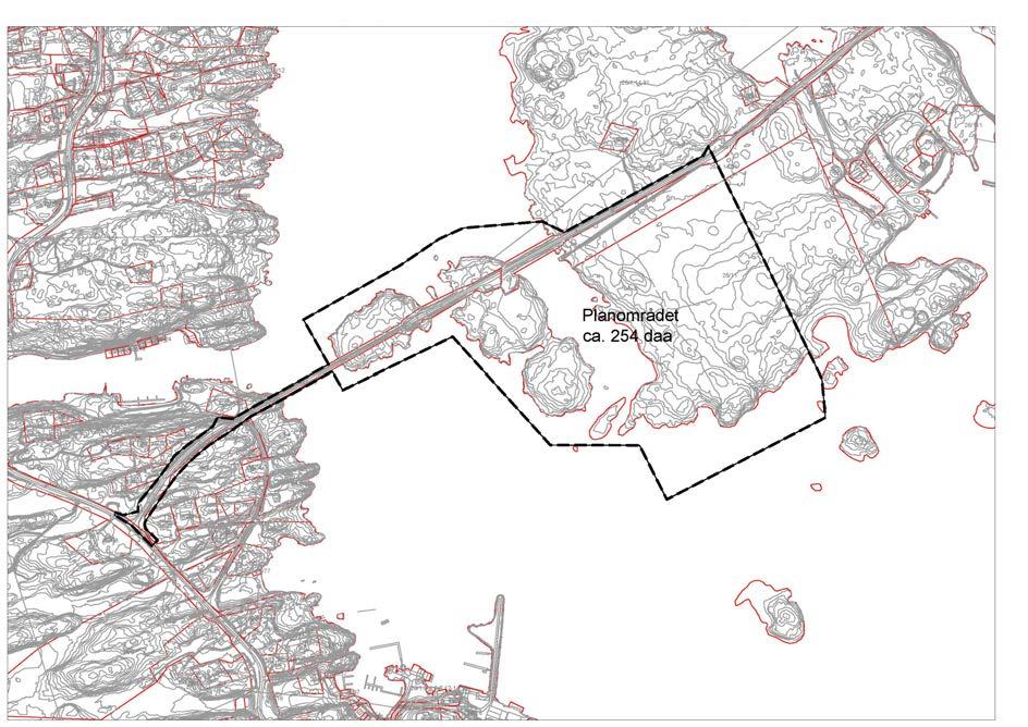 Figur 2. Kartet viser planområdet for tiltaket. Området som er utredet har i alt et areal på ca. 254 daa, og omfatter både sjø- og landareal.