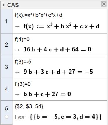 kateten BC 3,7. Oppgåve 5 (3 poeng) Ein funksjon f er gitt ved 3 f x x bx cx d Funksjonen har botnpunkt 3, 5 og eit nullpunkt for x 4 Bruk CAS til å bestemme b, c og d.