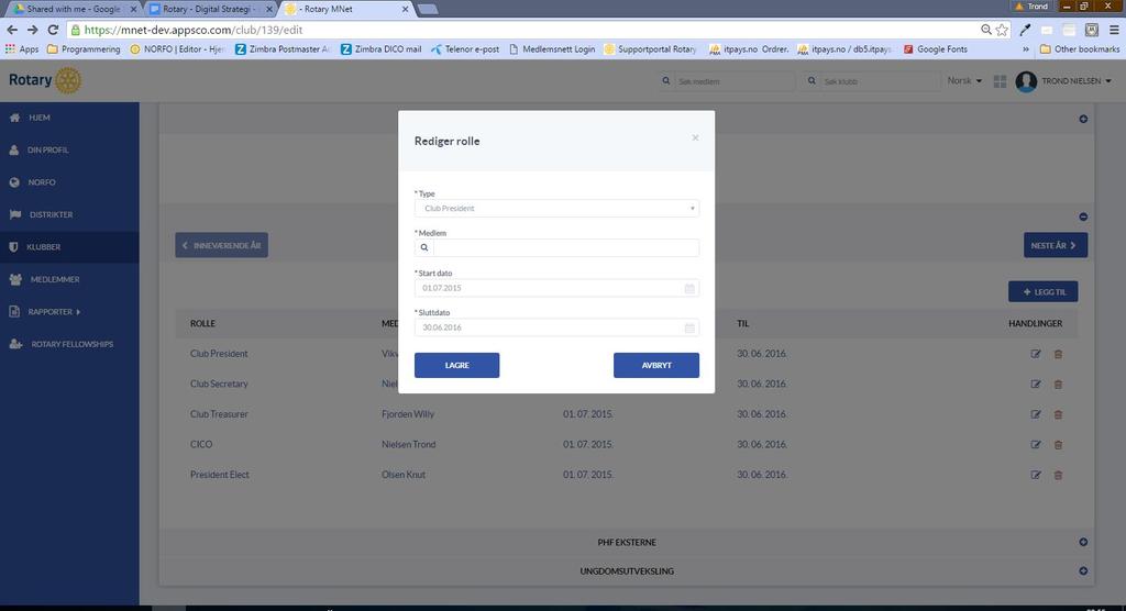 Dette gjøres under Rediger klubb Klubbroller Bruk knappen Neste år for å registrere kommende periode, eller bruk knappern Legg til for å