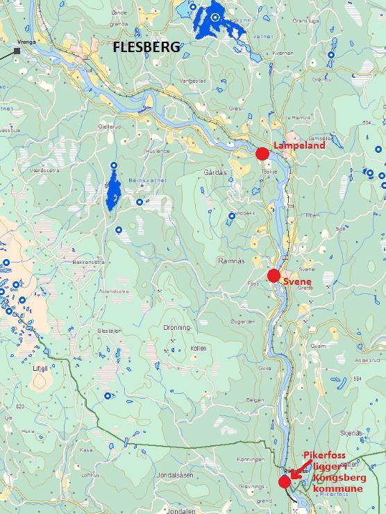 Figur 2-3 Prøvepunkt i/nær Flesberg kommune og Kongsberg kommune.