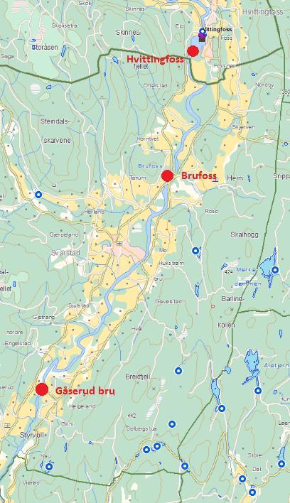 LARDAL Figur 2-4 Prøvepunkt i Lardal og Larvik kommuner. Innsjøer med lyseblå farge er benyttet som vannkraftsdammer. Røde punkt er prøvetakingsstasjoner for Numedalslågen.