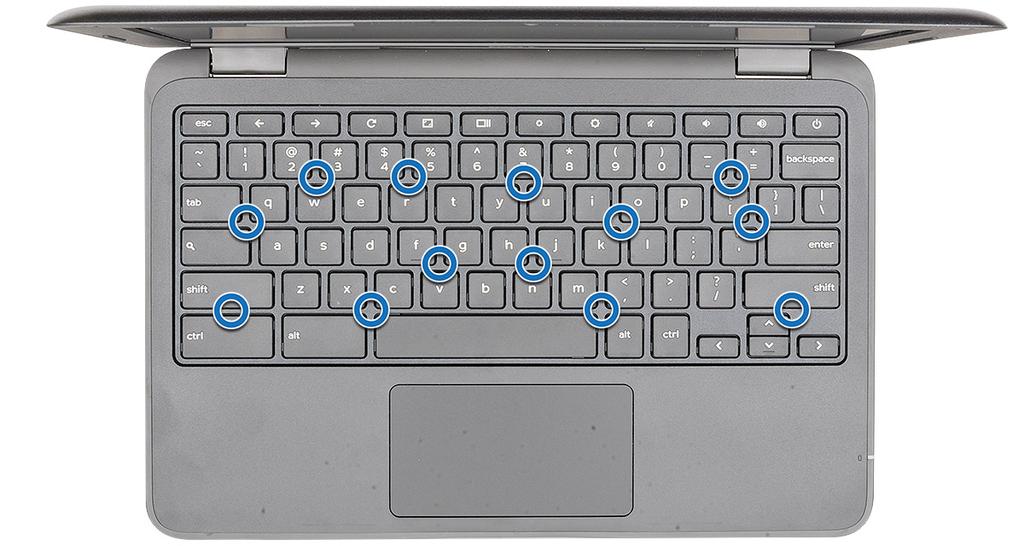 Bildet viser trykkpunkter på tastaturet. 2 Koble tastaturkabelen til hovedkortet.