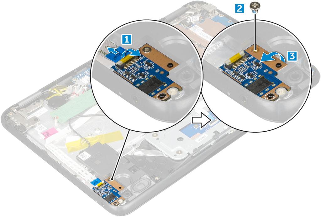 b Skru ut M2 x 3-skruen som fester lydkortet til datamaskinen [2]. c Løft lydkortet vekk fra datamaskinen [3].