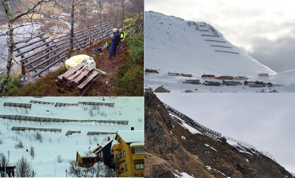 Foto Hallgeir Dahle. Adkomst: Helikopter Totalt antall: 120 Antall rader: 8 Byggeår: 2004 Sikra areal: 3200 m2 Høyde sikringselement: 1,2 m Støtteforbygning Eksempler på støtteforbygninger.