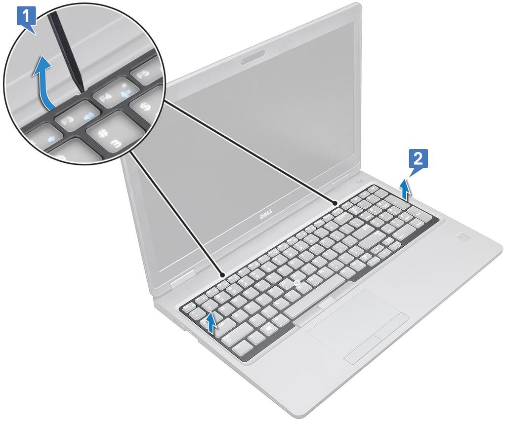 MERK: Bruk en plastspiss for å lirke ut tastaturrammen fra lirkepunktene rundt hele rammen for å ta den ut. Ta ut tastaturet 1 Følg prosedyren i Før du arbeider inne i datamaskinen.