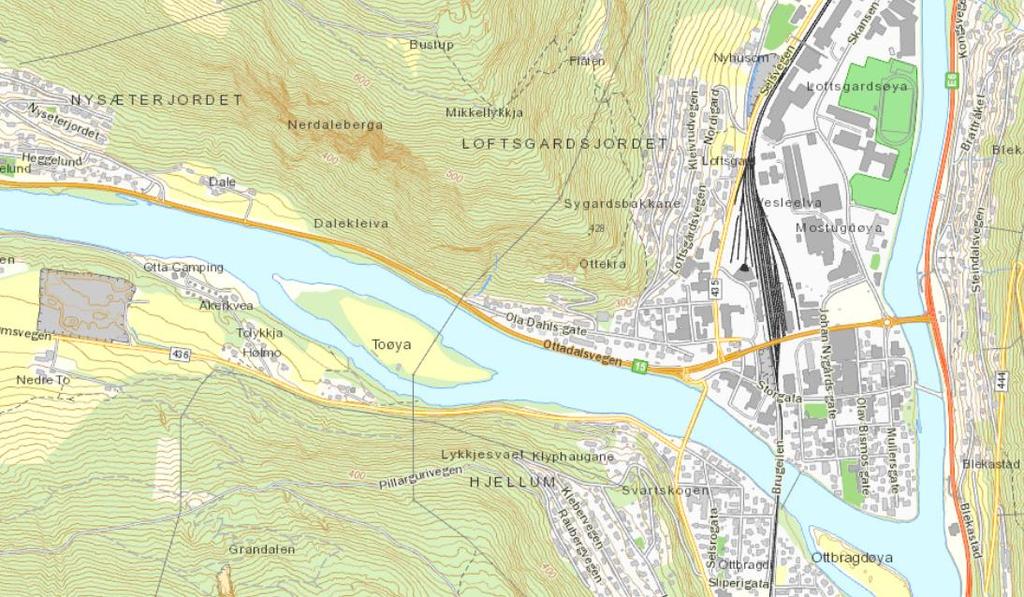 3 BESKRIVELSE AV PLANOMRÅDET 3.1. Planområdet og planforslaget Planområdet ligger ca. 1 km vest for Otta sentrum og omfatter et areal som inkluderer Ottaelva og Thoøya.