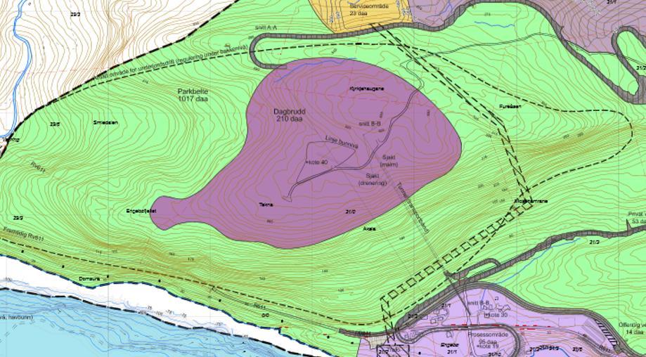 5. Dagbrotet og gruva Over: Dagbrotet (mørk lilla) og gruva (stipla). Plan 2011. Over: Detaljregulering: Dagbrotet (lysebrunt) og gruva (gul/grønt), nord er opp på teikninga.