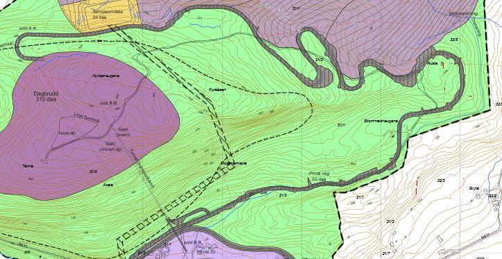 6. Parkbeltet/skjermsona (vegetasjonsskjerm) og endra vegføringar Over: Reguleringsplan Engebøfjellet (plan 2011), utsnitt av parksona med fylkesvegen og driftsveg.