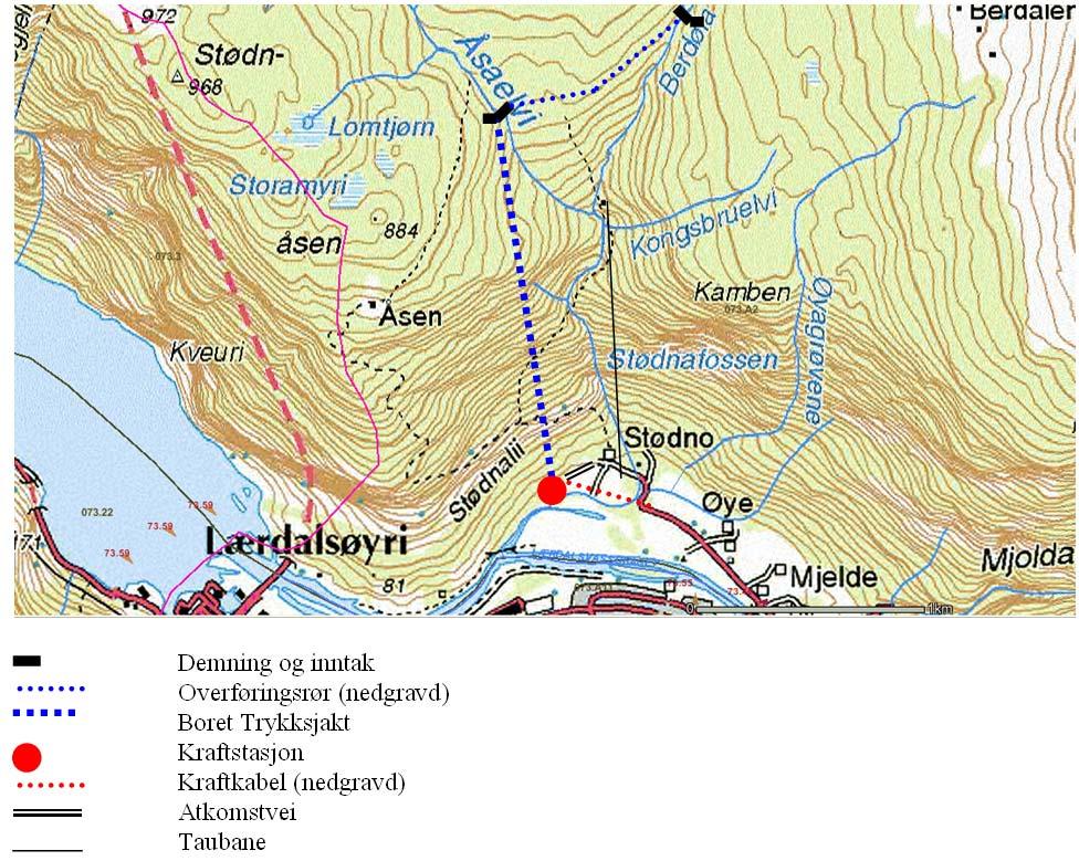 Søknad om konsesjon Side 4 Figur 2 Kart over utbyggingsområdet 1.4 Dagens situasjon og eksisterende inngrep Stødnaelvi ligger i Lærdal cirka 500 m nord for Lærdal sentrum.