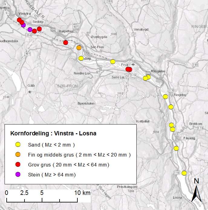 Fig. 3.5. Bunnmateriale, prøvelokaliteter på strekningen Vinstra til innløpet i Losna.