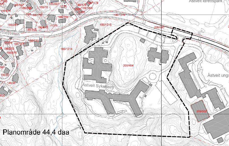 Fig. 3 Viser eksisterende situasjon og planavgrensning. Formålet offentlig institusjon ønskes videreført i forslag til ny detaljregulering.