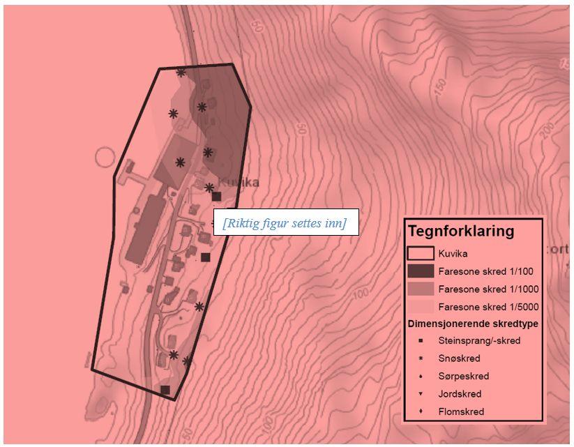 [ Fig. X. Faresoner med dimensjonerende skredtyper for samtlige aktuelle skredtyper. Farger og dimensjonerende skredsymbol må følge standardens mal. ] 2.13.