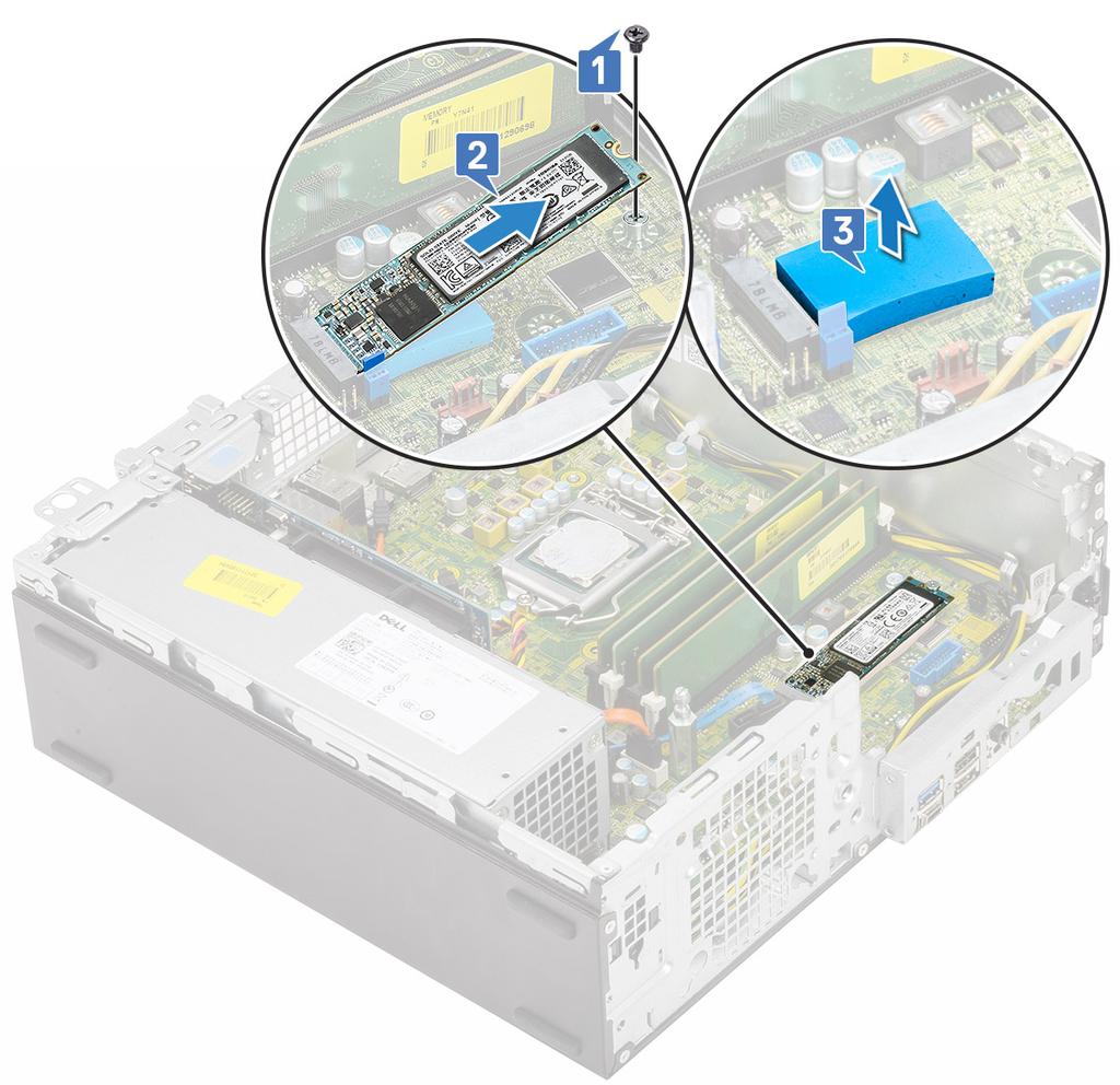 3. Slik tar du ut M.2 PCIe SSD: a) Fjern (M2x2,5)-skruen som fester M.2 PCIe SSD til hovedkortet [1]. b) Løft opp og trekk PCIe SSD fra kontakten på hovedkortet [2]. c) Ta ut SSD-termisk pute [3].