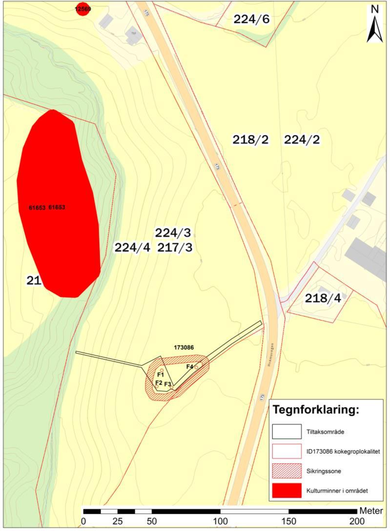 Kart 3: Kart over tiltaksområdet og lokaliteten med ID173086. ID173086. Atmospheric data from Reimer et al (2004);OxCal v3.