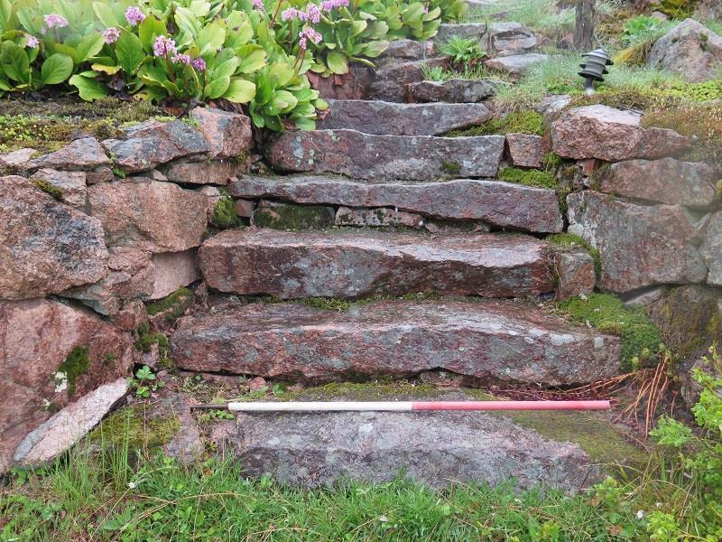 Figur 13. Steintrappen med avlange steinheller ligger ca. 2 meter øst for ID230. Retning: Ø.