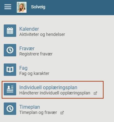 IOP Dersom det er fattet et vedtak (IOP) på barnet og skolen har valgt å benytte denne modulen, vil foresatt ha et menypunkt Individuell opplæringsplan: