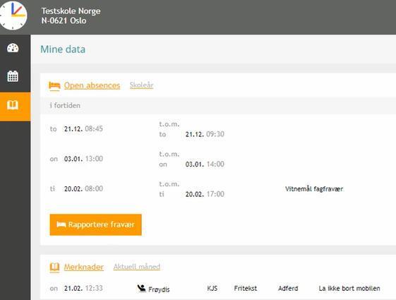 Under "Mine data" ser du fravær og merknader som er registrert for de elevene du har