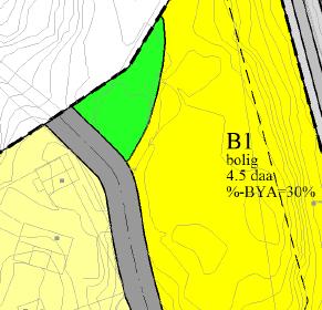 regulert mellom B1 og friområde i nord. Opparbeidelsen av kjøreveien ble ikke utført i tråd med reguleringsplan, og veien går gjennom arealet med friområde.