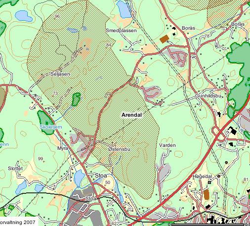Kart 2 Registrerte naturtyper og viltområder innenfor plangrensa til bydelsplan for Myra- Bråstad. Det store området er registrert som vinterområde for elg og rådyr, vekt 1.