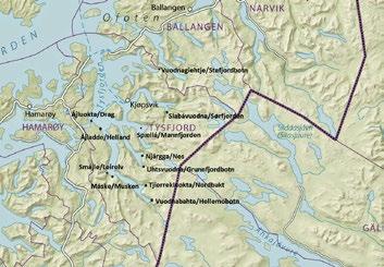 Noen sentrale stedsnavn i Tysfjord. Kart: Emap as. Arkiv: Árran lulesamisk senter. som søkte inn til fjordbunnen for å få hjelp til å komme seg over til Sverige.