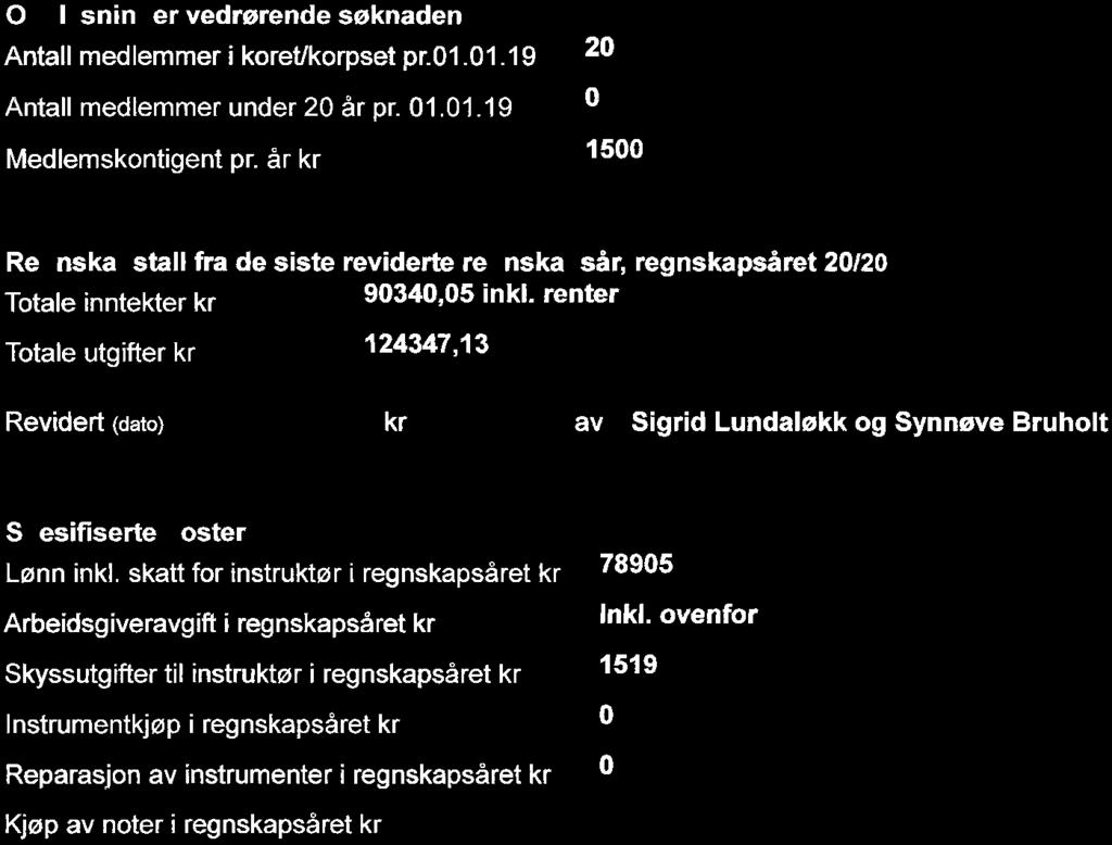 Rennebu Songkor SØKNAD OM KULTURMIDLER TIL SANG OG MUSIKK 20 Søker Rennebu Songkor Adresse per Hal<lor Kosberg, Porsv. 9, 7391 Rennebu perhaldorkosberg@hotmail.