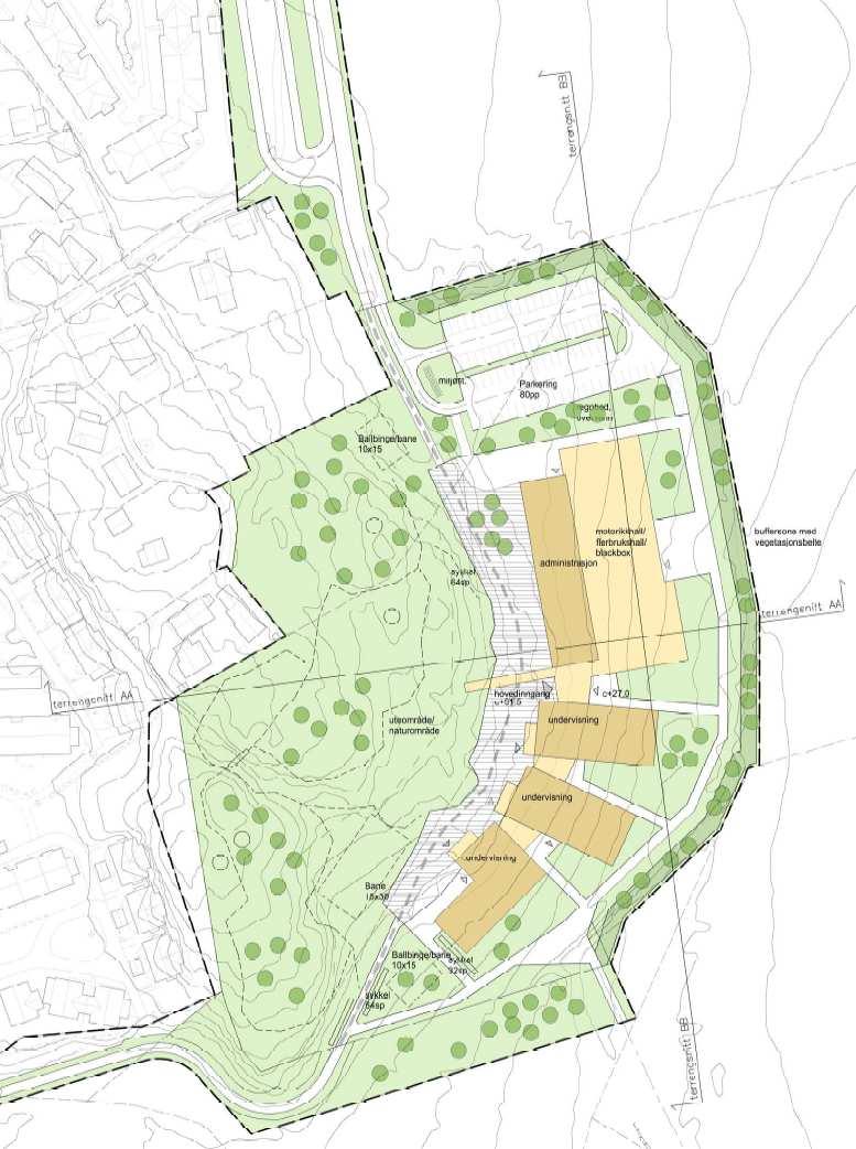 Ankomst, avlasting, pålasting av elever Ankomst ansatte og foreldre Figur 3: Illustrasjonsplan av planlagt skoleområde (kilde: Færder kommune) 3 Regelverk og grenseverdier 3.