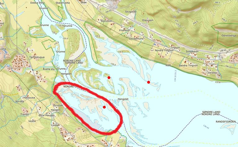 Figur 1: Rød sirkel viser til avgrenset område for bruk av motorbåt i Dokkadeltaet naturreservat i forbindelse med tiltaket.