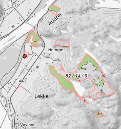 Kilde: Gårdskart fra NIBIO Skogarealet som er fradelt og solgt til Åvik/Kleiven beholder benevnelsen 52/14, mens boligeiendommen som beholdes av Erga vil få nytt gårds- og bruksnummer.
