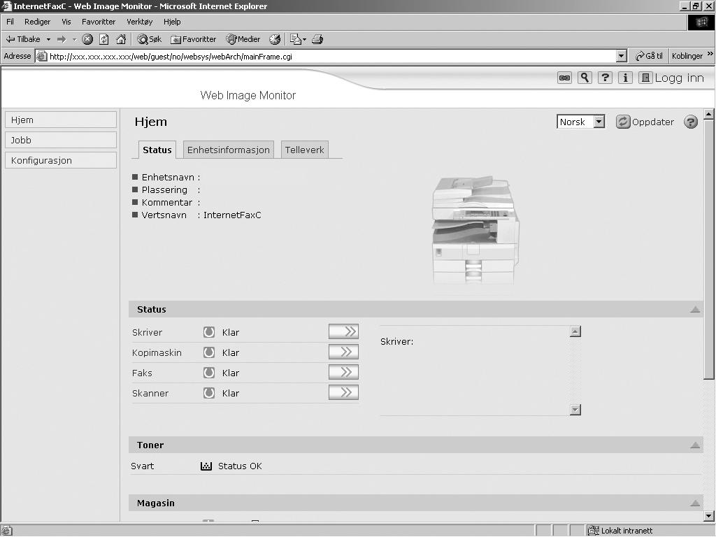 Registrere adresser og brukere for faks/skanner-funksjoner Bruke Web Image Monitor Denne delen beskriver hvordan du får tilgang til Web Image Monitor.