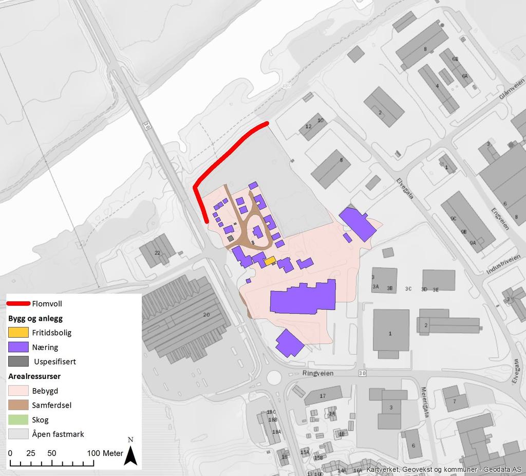 Faktadel Figur 6: Analyseområdet for samfunnsverdier ved Tynset camping med arealbruk og bygningsformål.