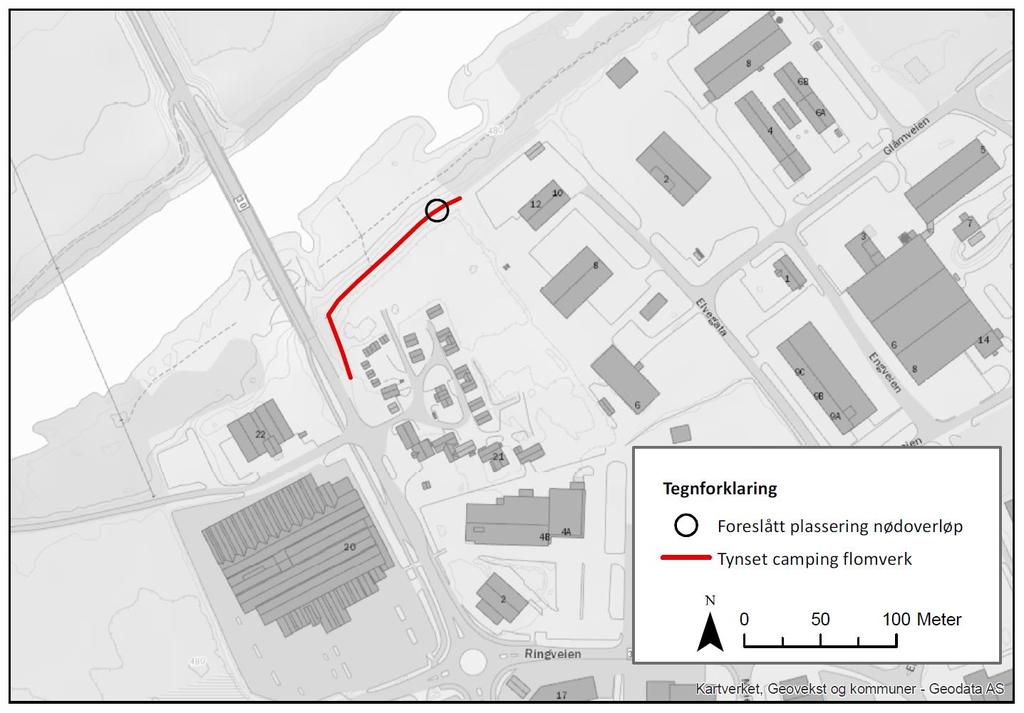 Vurderinger lokale private og offentlige synspunkter og hensyn Ofte vil det være best å legge et nødoverløp i nedstrøms ende av flomverket der terrenget er lavest fordi: Naturlig mothelning på