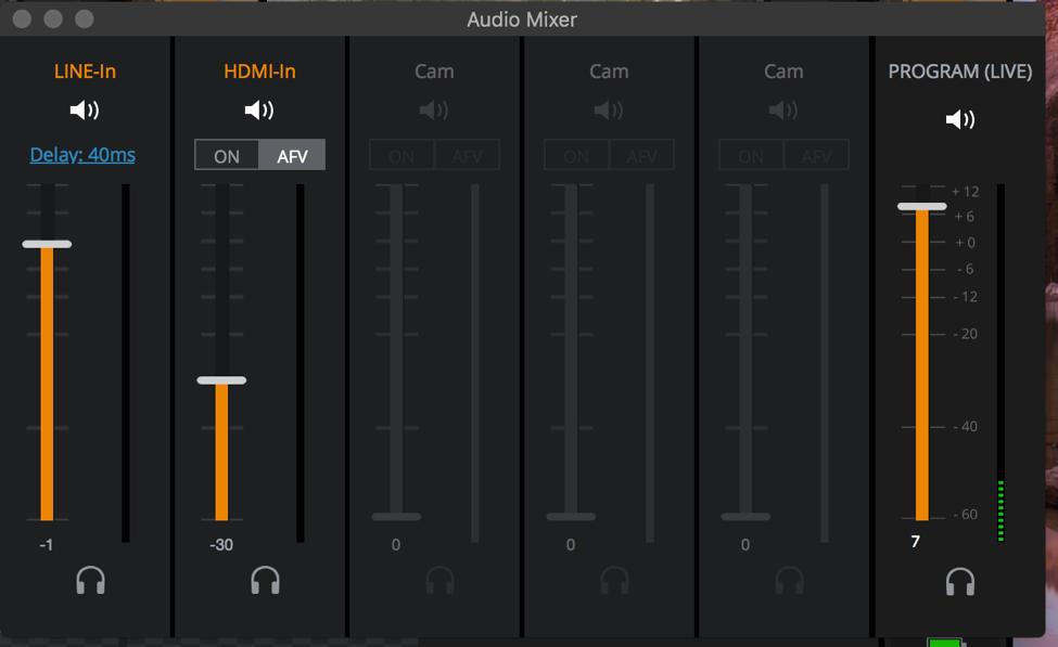 13. Klikker man på Audio Mixer knappen helt til høyre i hovedvinduet vil man få følgende visning der man kan styre hvilke kilder som skal ha prioritet i lydbildet.