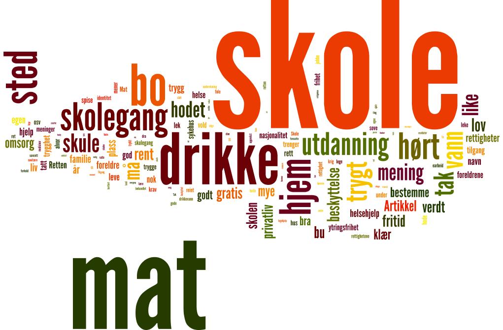 Ordskyen under viser at rett til skole/skolegang og utdanning er det desidert mest kjente rettigheten blant elevene. Rett til mat og ha noe å drikke/vann nevnes også av svært mange.