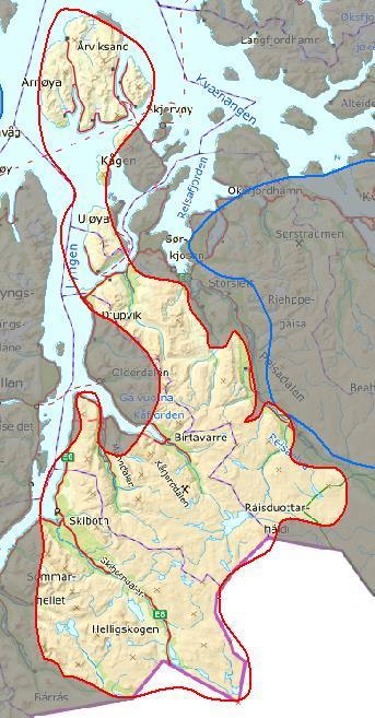 Innledende beskrivelse av området AREAL: 3422 km 2 KOMMUNER: Storfjord, Kåfjord, Nordreisa, Skjervøy.