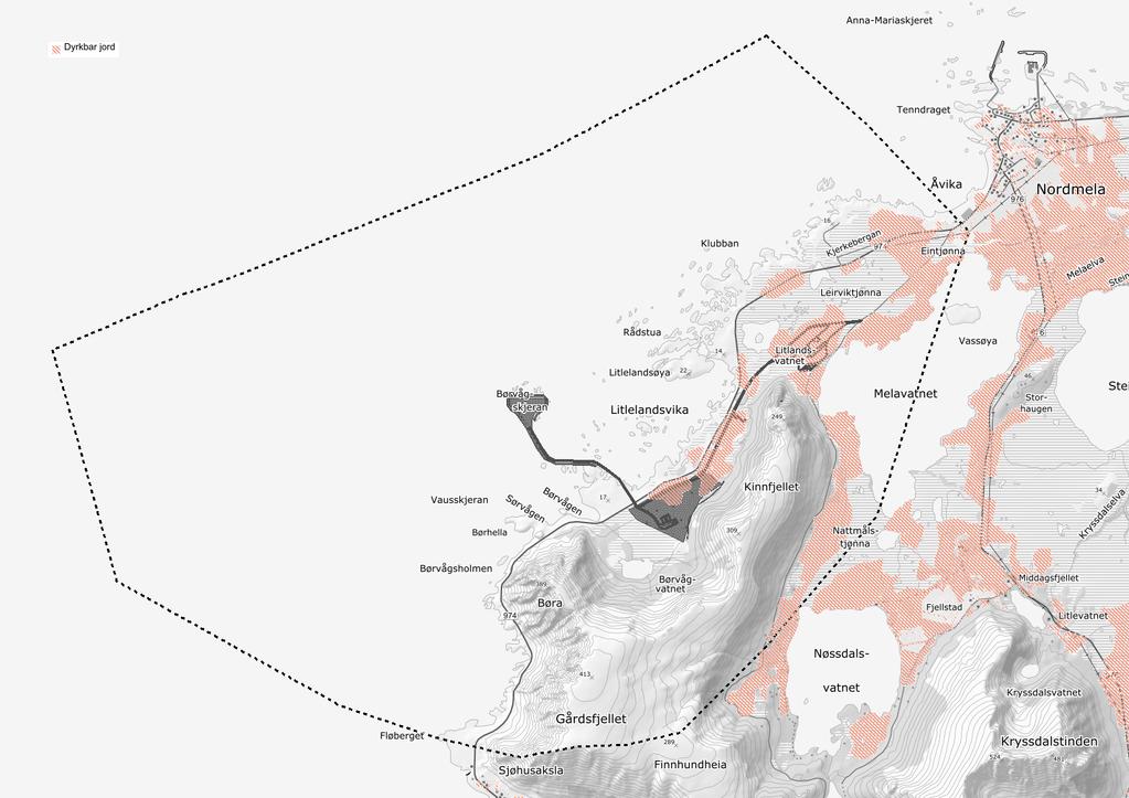 Vurdering av verdi Jordbruk Innenfor planarealet finnes det i dag ikke arealer med dyrket mark. Enkelte myrområder er dog vurdert til å være potensielt dyrkbar jord.