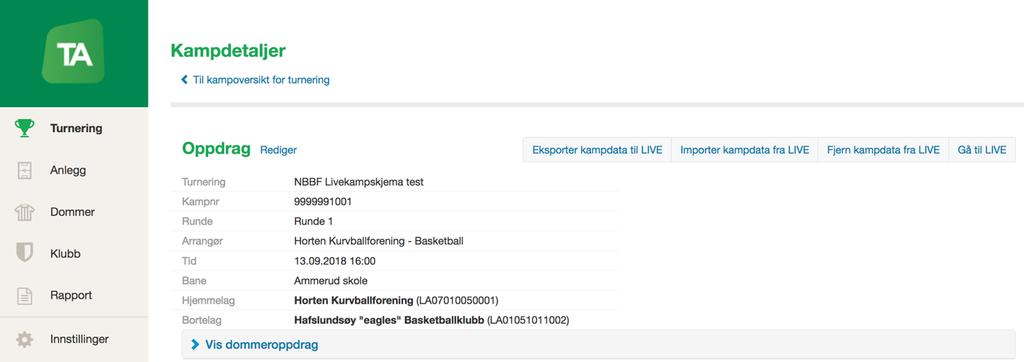 Da går man tilbake til Turneringsadmin og velger «Importer kampdata fra «Live».