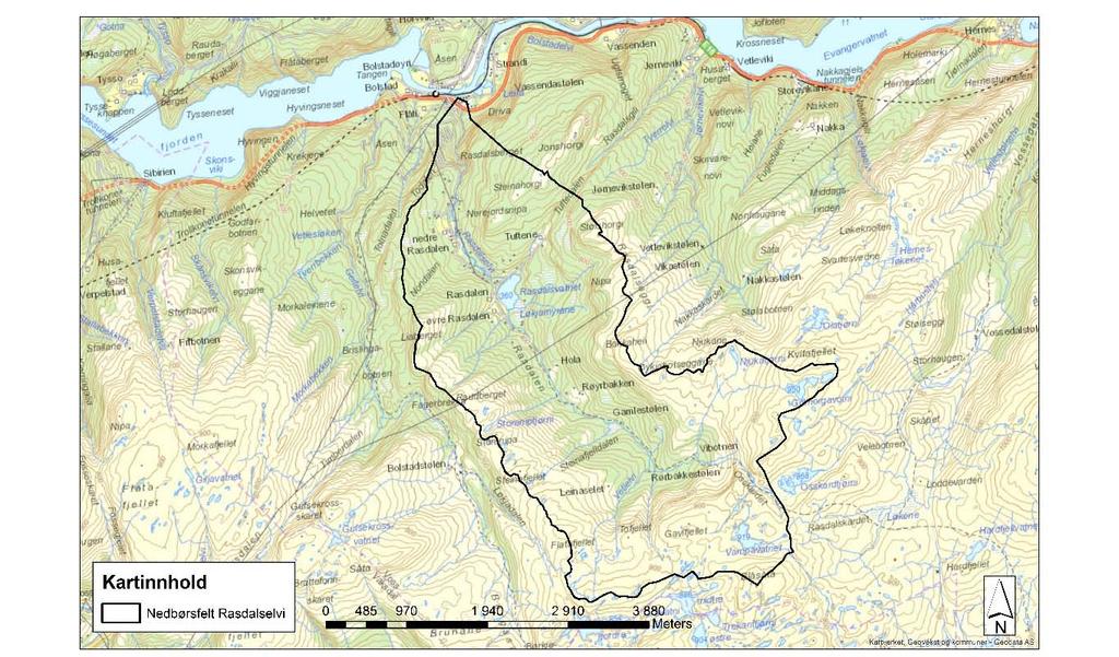 Figur 2-1: Oversiktskart over nedbørsfeltet til Rasdalselvi 3 Flomfrekvensanalyse Regionale flomformler De regionale flomformlene er kun gyldige for felt med areal > 20 km 2, og verdiene fra