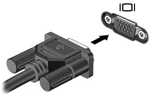 Slik kobler du til en skjerm eller projektor: 1. Koble VGA-kabelen fra skjermen eller projektoren til VGA-porten eller -adapteren på datamaskinen, som vist. 2.