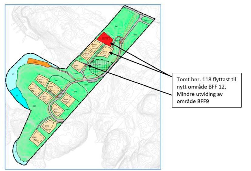 Austevoll kommune Side 2 av 7 1. Utvide gbnr. 33/121 med 22 m 2 slik at tomta går heilt inntil berget i bakkant av etablert fritidsbustad 2. Flytte gbnr.