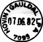 1938 HOVIN I GAULDAL Innsendt?? Registrert brukt fra 8-6-42 IWR til 12-1-66 KjA Stempel nr. 6 Type: I22N Fra gravør 26.