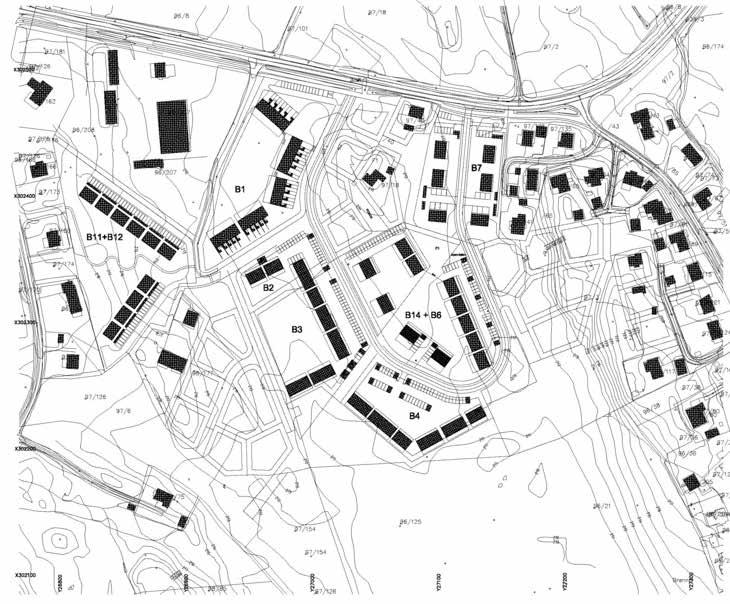Situation Plan 1:2500 Boligfelt på Stange med rekkehus på 60-100m2. Boligene er planlagt for førstegangsetablerende med begrenset egenkapital.