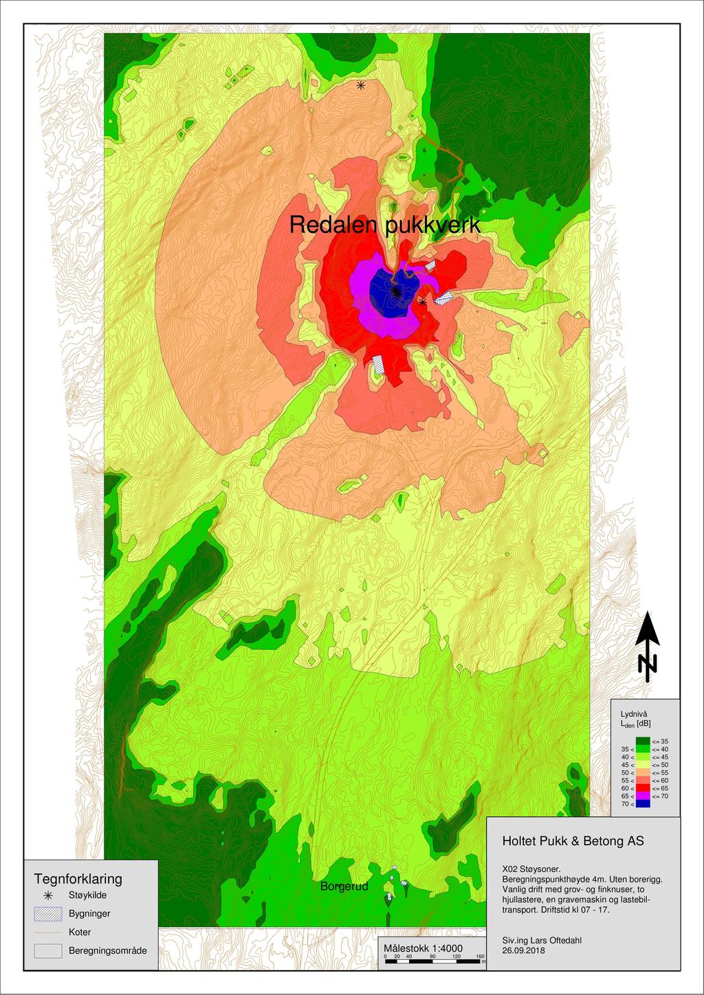 Redalen pukkverk Lydnivå Lden [db] 35 < 40 < 45 < 50 < 55 < 60 < 65 < 70 < <= 35 <= 40 <= 45 <= 50 <= 55 <= 60 <= 65 <= 70 Holtet Pukk & Betong AS Tegnforklaring Støykilde X02 Støysoner.