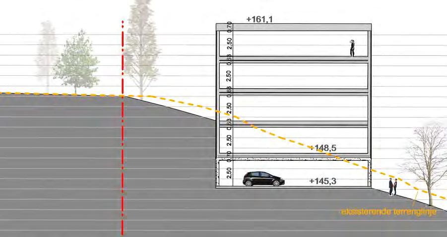 Fig. 9: Midlertidig avtrappet graveskråning i anleggsfasen i snitt E E (landskapssnitt