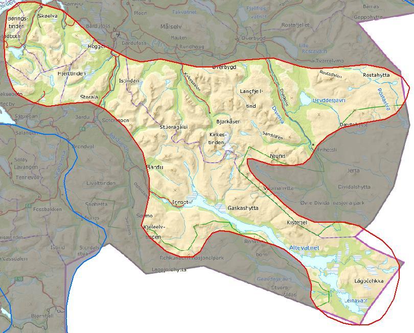 Innledende beskrivelse av området AREAL: 3406 km 2 KOMMUNER: Salangen, Dyrøy, Sørreisa, Bardu, Målselv. Et topografisk variert innlandsområde med tinder, flere markante dalfører og store vassdrag.