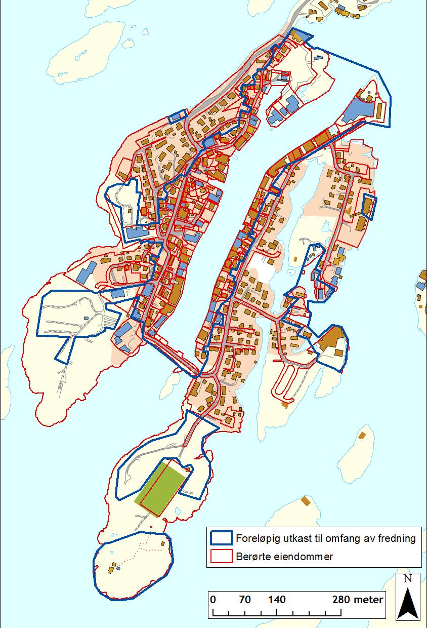 Foreløpig utkast til område som foreslås fredet De nasjonalt viktige sporene etter fiskerivirksomheten og samfunnet i Henningsvær finnes innenfor området som