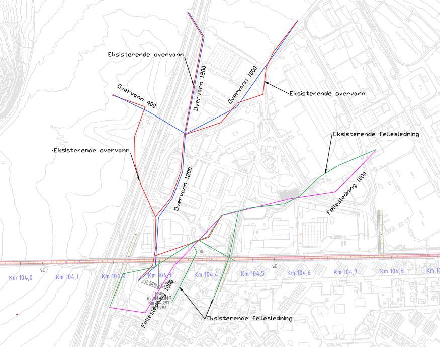 14 av 23 Figur 4-7: Omlegging av avløpsledninger ved E6. Blå: Ny overvannsledning. Rød: Eksisterende overvannsledning. Magenta: Ny fellesledning.